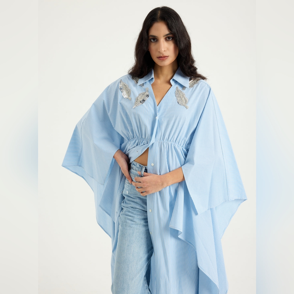 Blue Striped Cape Blouse with Silver Embellishments